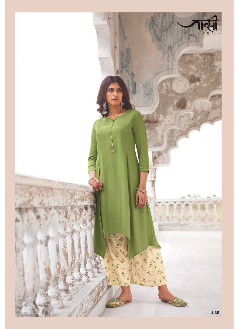 Green Colour Jansi Modal Khadi Long Dress With Embroidery Kurti With Bottom J-65